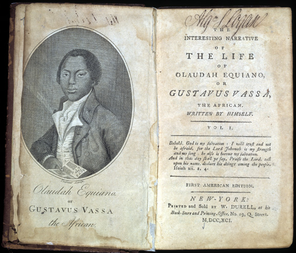 Photo of the frontispiece and title page of The Interesting Narrative of the Life of Olaudah Equiano or Gustavus Vassa the African