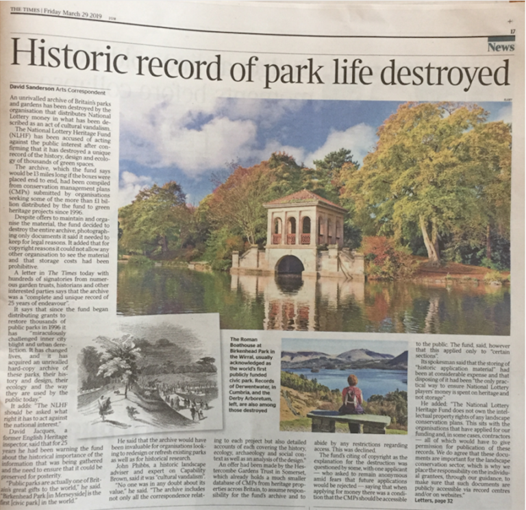 Historic Record of Park Life Destroyed Article in The Times, 29 March 2019