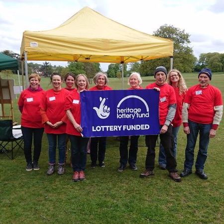 Sharing Historic Landscapes volunteers at Worley Woods, Birmingham with HLF banner