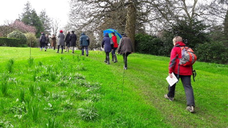 CGT volunteers walking through Stancombe Park in Gloucestershire learning how to comment on planning applications