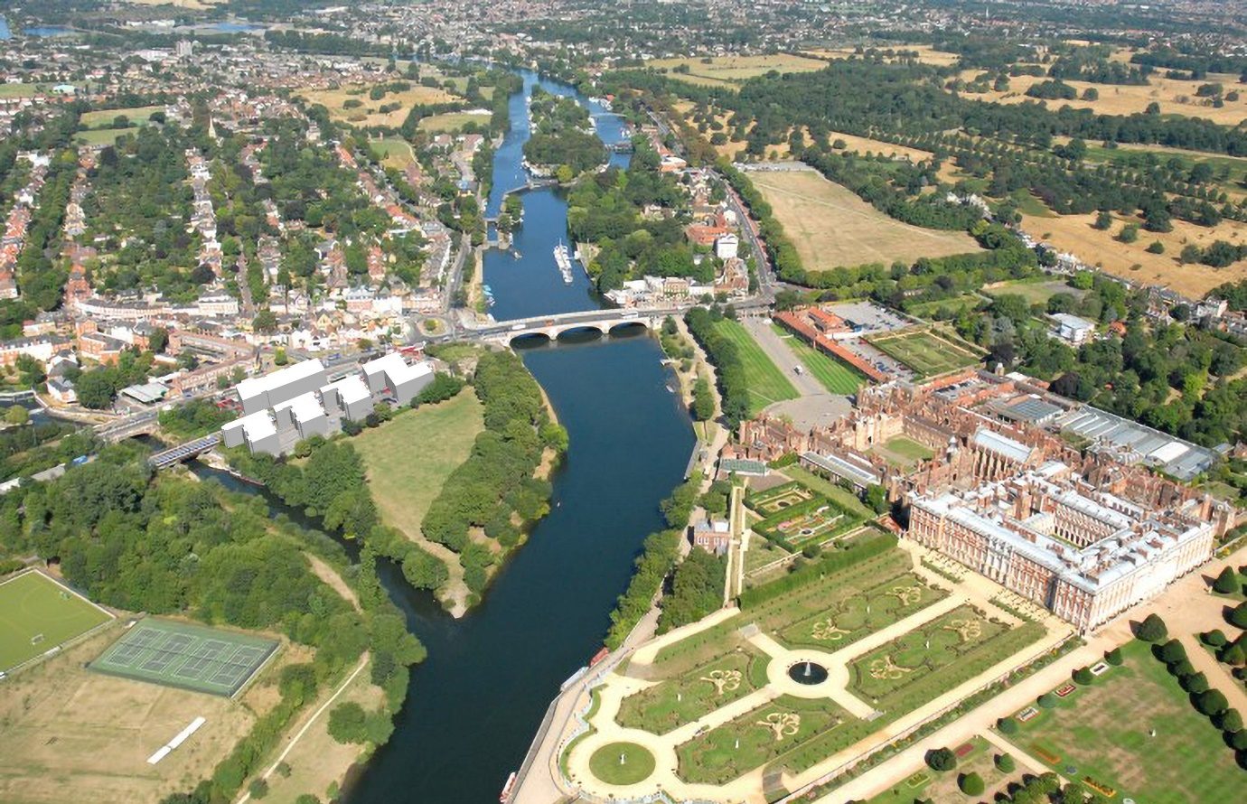 Aerial view of Hampton Court landscape with proposed development