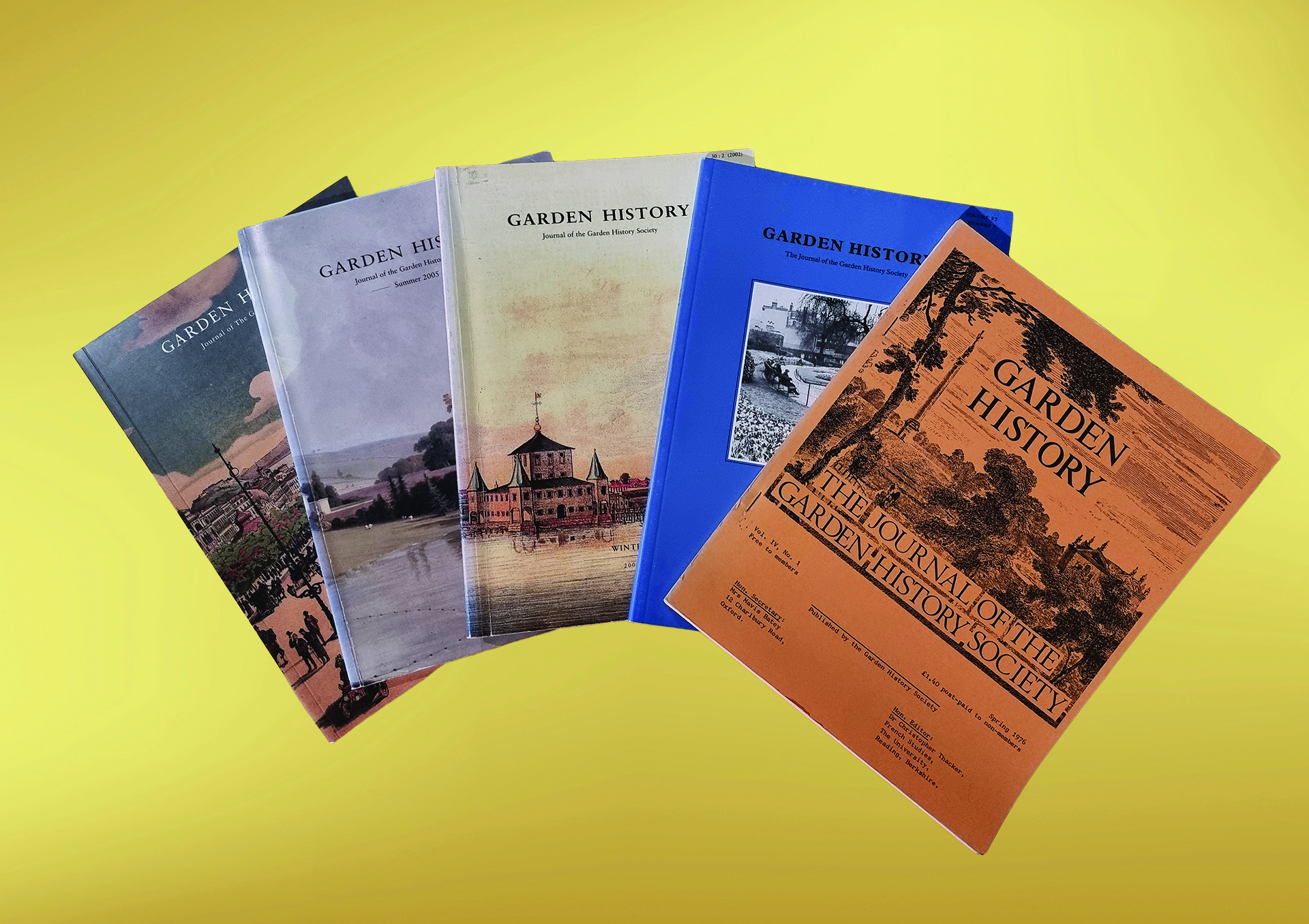 Five copies of the journal Garden History on a yellow background.