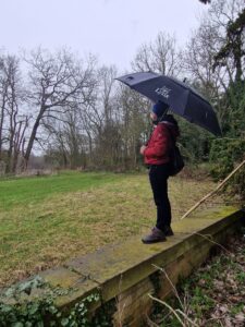 Man in red jacket with umbrella looking out into a garden landscape