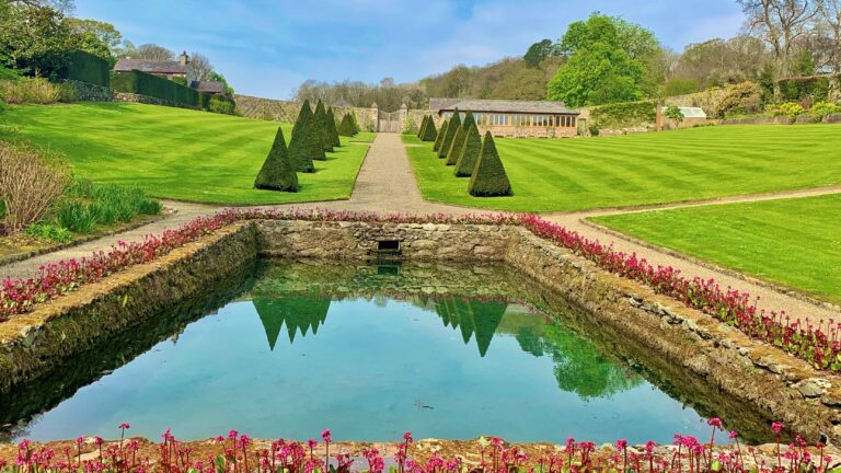 Pool and Yew Walk at Plas Cadnant, with rectangular pond backed by a path lined on both sides with triangular topiary