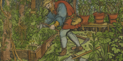 Colour print of man bent over in medieval clothing tending to plants in a raised bed, surrounded by tools and foliage.