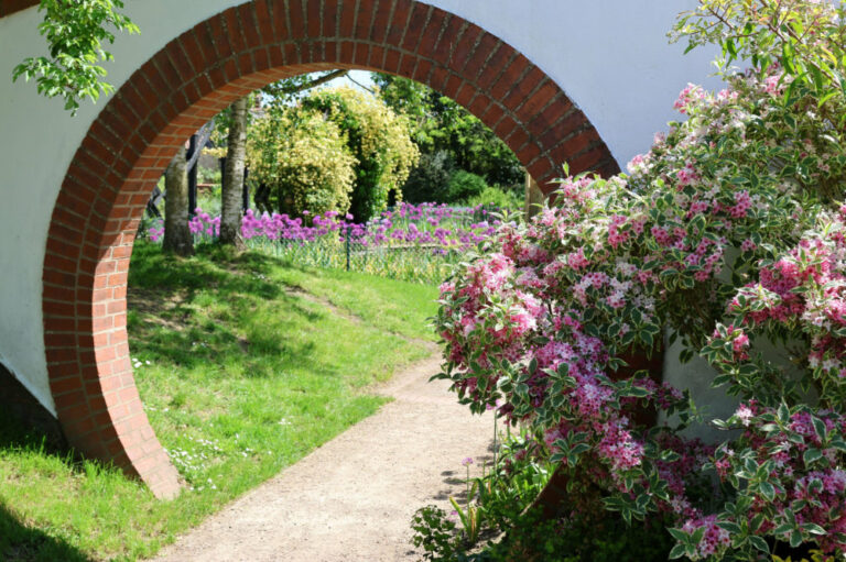 A brick circular arch with white painted walls and a path running through the centre, with pink flowered bush in the foreground.