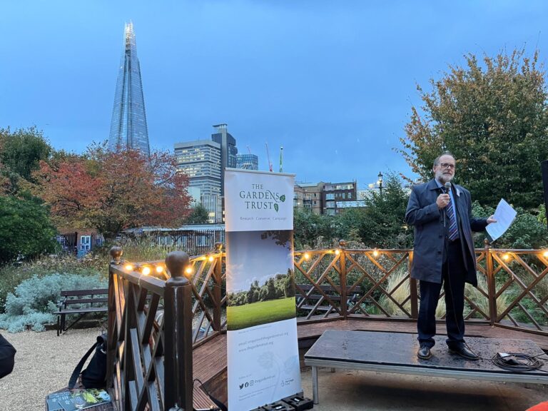 Gardens Trust Chair John Watkins speaking at the launch of our new report 'Harnessing Parks and Gardens in the 21st Century' at Red Cross Gardens, London.