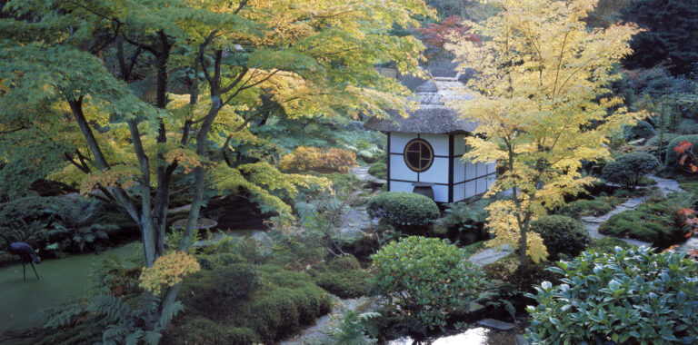 The Japanese Garden at Tatton Park looking down at the ornamental tea room amongst the Acers and Japanese maples. ©National Trust Images/Stephen Robson