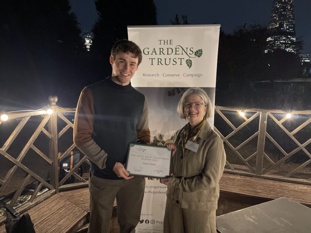 Patrick Smith receiving the Essay Prize from GT trustee Jill Sinclair at the launch of our Harnessing Parks and Gardens report